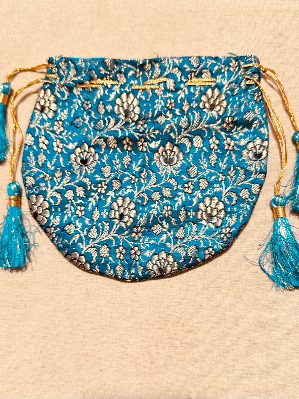 Vintage | Pouch | Vintage Cobalt Brocade Floral Drawstring Pouch